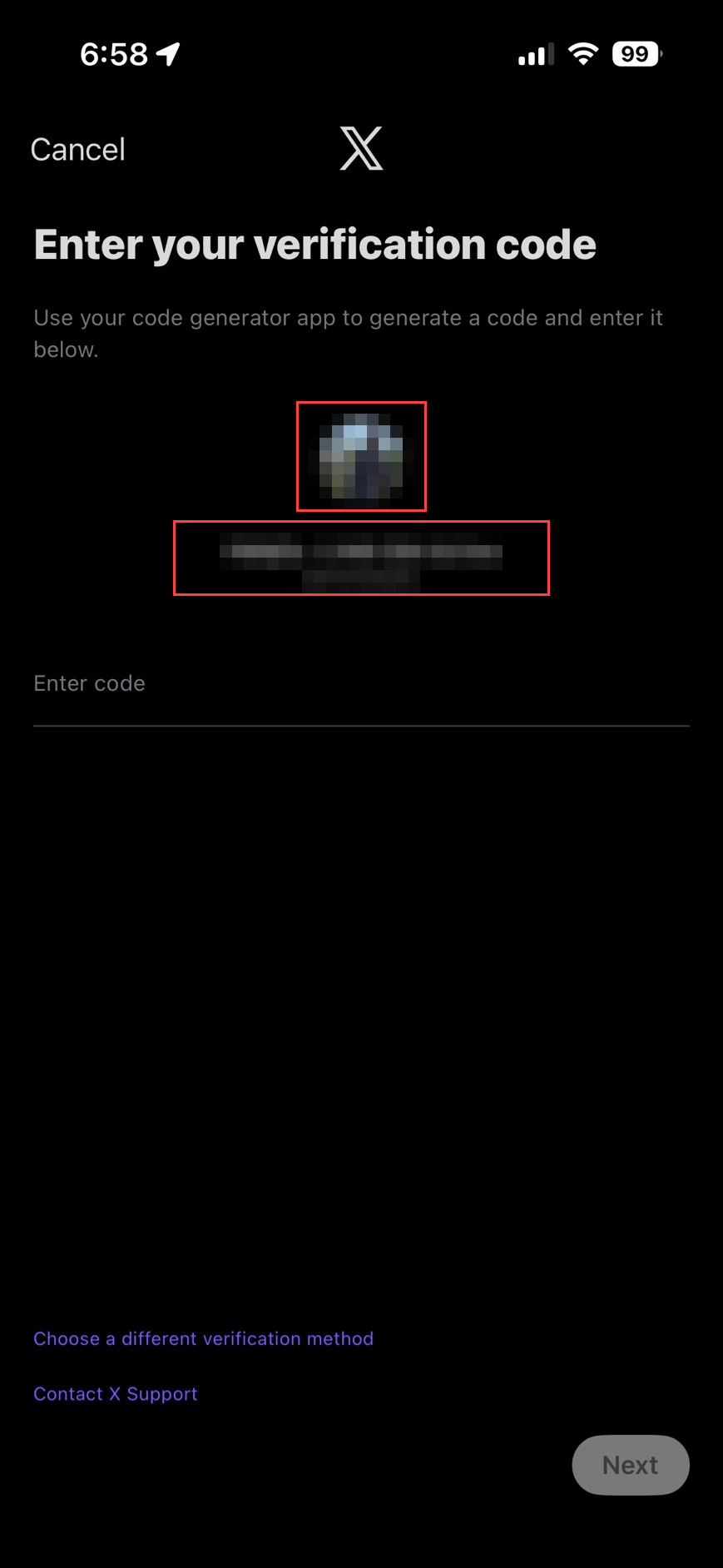 X のログイン画面。パスワード認証の後に verification code の入力を求められている
