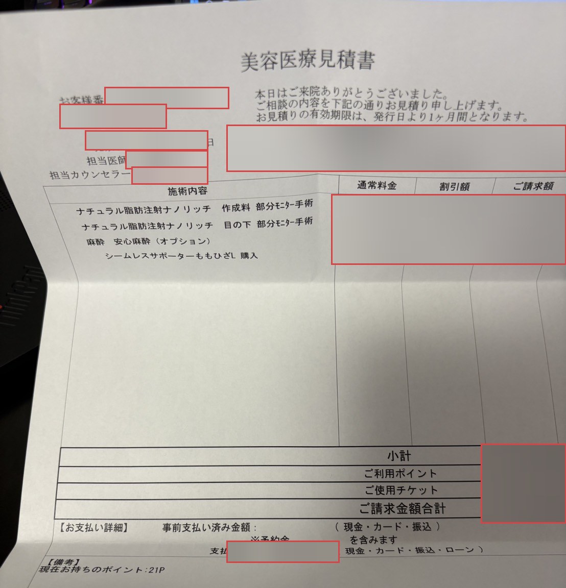 美容医療見積書。ナチュラル脂肪注射ナノリッチの作成料と目の下、麻酔、サポーターの 4 項目が部分モニター手術として記載されている