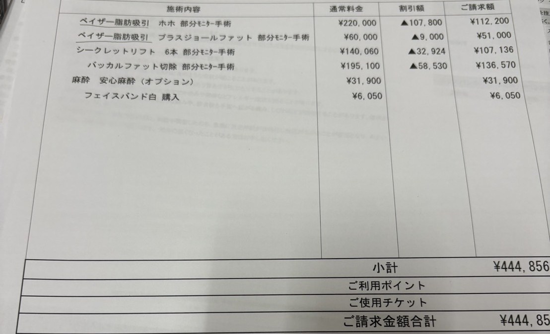 2回目の美容医療見積書の施術内容と金額の表。頬とジョールファットのベイザー脂肪吸引、シークレットリフト6本、バッカルファット切除、安心麻酔、フェイスバンドが並び、小計は444,856円
